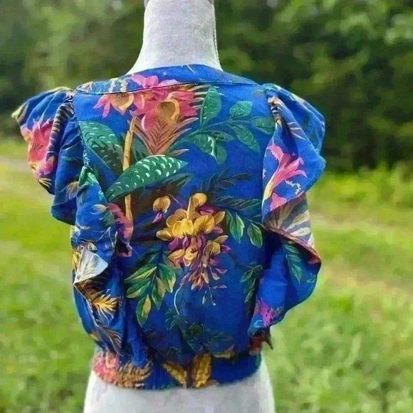 RACHEL Rachel Roy v neck shirt with ruffle and rouched waist. Vibrant blue, pink - Picture 4 of 8